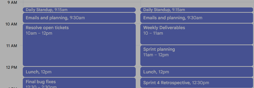 Side-by-side calendar views showing the same day's Outlook meetings mirrored into Google Calendar.